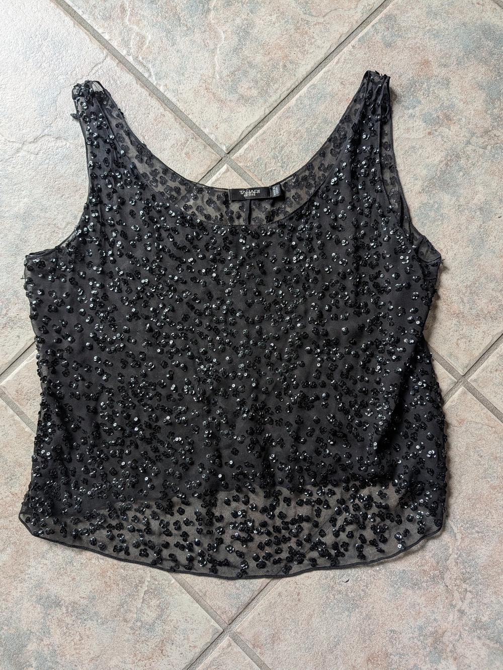 Tahari Black Beaded Sheer Scoop Neck Tank